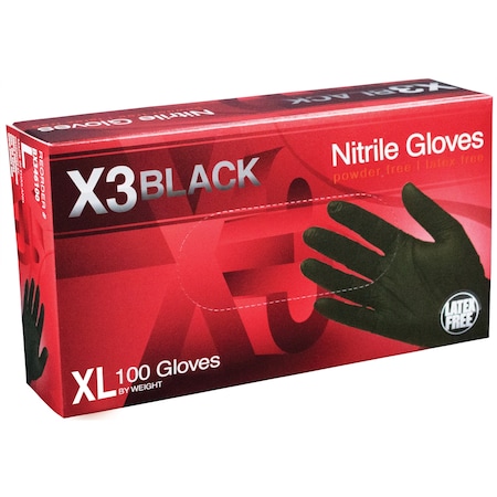Ammex X3, Disposable Gloves, 3 mil Palm, Nitrile, Powder-Free, XL, Black AMXBX348100