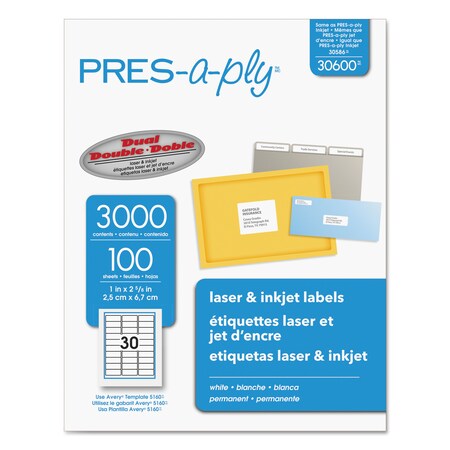 Pres-A-Ply Laser Address Labels, 1 x 2 5/8, PK3000 30600
