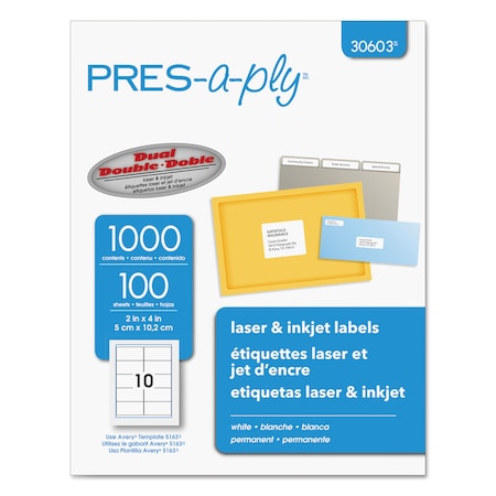 Pres-A-Ply Laser Shipping Labels, 2 x 4, Wht, PK1000 30603