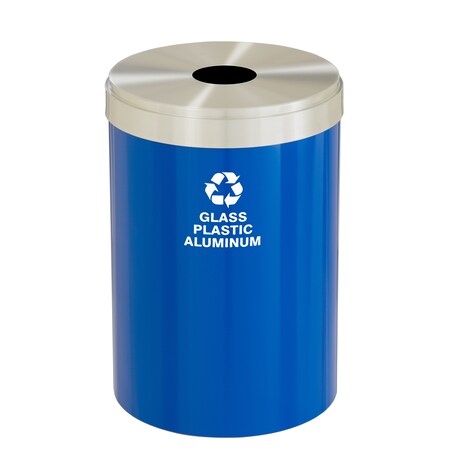 Glaro 33 gal Round Recycling Bin, Blue/Satin Aluminum B-2032BL-SA-B9