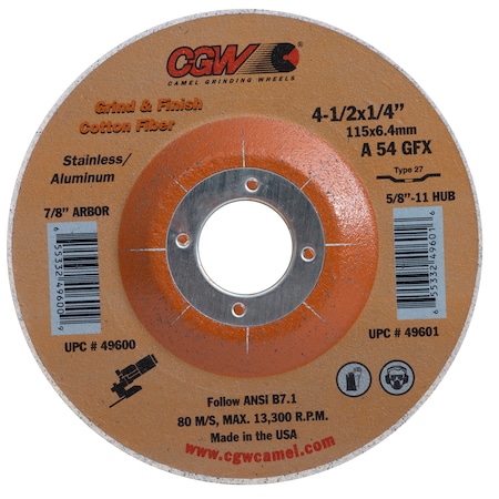 Cgw Abrasives Depressed Ctr Whl, 4.5x1/4x7/8, A54GFX, T27 49600