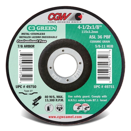 Cgw Abrasives Depressed Ctr Whl, 4.5x1/8x7/8, C3 GRN 49750
