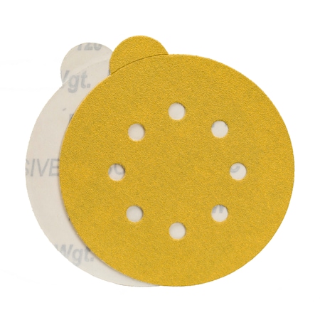 Cgw Abrasives Sanding Disc, PSA, 5,220G, Gld, Mylar, 5" Dia, 5 Hole, Aluminum Oxide, P220 Grit 49827
