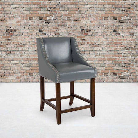 Flash Furniture Carmel Series Grey Lthr/Wood Stool, 24" CH-182020-24-LTGY-GG