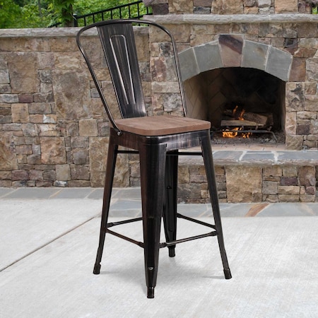 Flash Furniture Antique Metal Stool, 24", Black, Weight Capacity: 500 lb. CH-31320-24GB-BQ-WD-GG