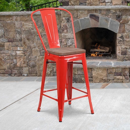 Flash Furniture Metal Counter Stool, 24", Red, Caster Type: Plastic Glides CH-31320-24GB-RED-WD-GG