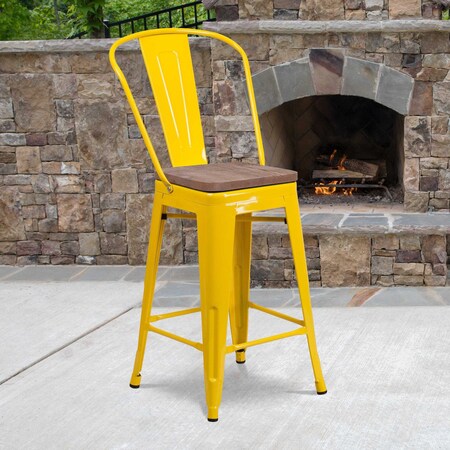 Flash Furniture Metal Counter Stool, 24", Yellow, Seat Material: Wood CH-31320-24GB-YL-WD-GG