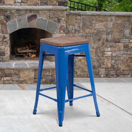 Flash Furniture Metal Counter Stool, 24", Blue, Seat Material: Wood CH-31320-24-BL-WD-GG