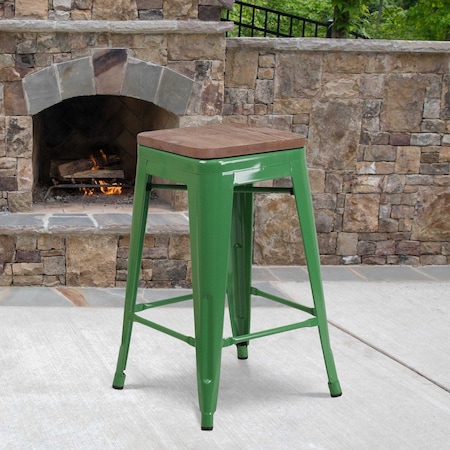Flash Furniture Metal Counter Stool, 24", Green, Seat Material: Wood CH-31320-24-GN-WD-GG