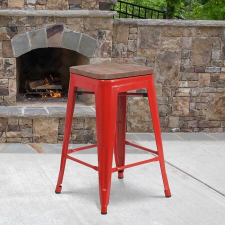 Flash Furniture Metal Counter Stool, 24", Red, Seat Material: Wood CH-31320-24-RED-WD-GG