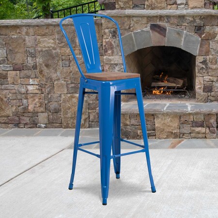 Flash Furniture Metal Barstool, 30", Blue, Seat Material: Wood CH-31320-30GB-BL-WD-GG