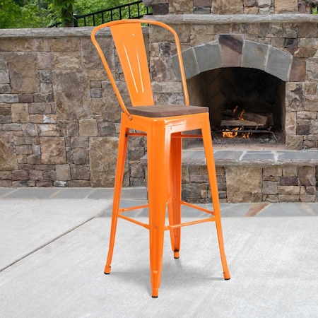 Flash Furniture Metal Barstool, 30", Orange, Finish: Powder-Coated CH-31320-30GB-OR-WD-GG