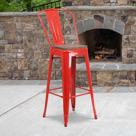 Flash Furniture Metal Barstool, 30", Red, Seat Material: Wood CH-31320-30GB-RED-WD-GG