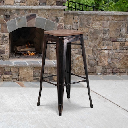 Lancaster Home 30" High Backless Metal Barstool with Square Wood Seat Black-Antique Gold