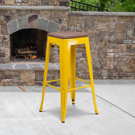 Flash Furniture Metal Barstool, 30", Yellow, Seat Material: Wood CH-31320-30-YL-WD-GG