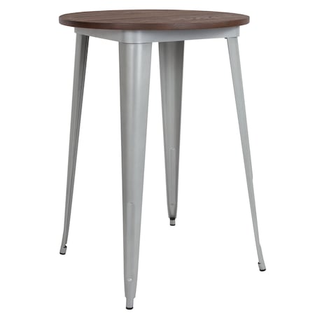 Flash Furniture Round Round Silver Metal Bar Table, 30", 30" L, 30" W, 42" H, Wood Top, Wood Grain CH-51090-40M1-SIL-GG