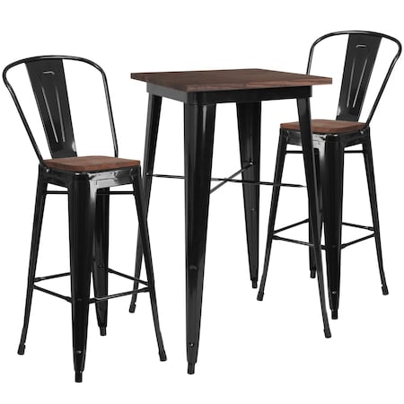 Flash Furniture Square Square Black Metal Bar Table Set with Wo, 26" L, 26" W, 42" H, Wood Top, Wood Grain CH-WD-TBCH-16-GG