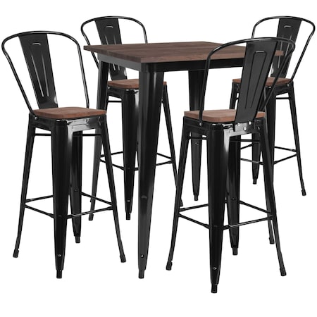 Flash Furniture Square Square Black Metal Bar Table Set with Wo, 32" L, 32" W, 42" H, Wood Top, Wood Grain CH-WD-TBCH-19-GG