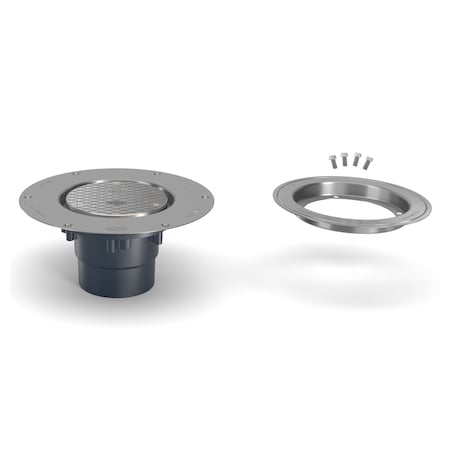 Zurn PVC; Deck Plate, Clamp: Stainless Steel, Strainer: Round, Floor Cleanout CO2-PV3-CC