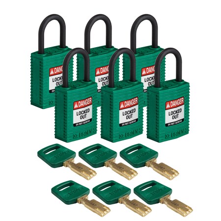 Brady Safekey Lockout Padlock Nylon Grn 1.0" Plas, Keyed Different, Nylon, Green, 1 in Shackle Height CPT-GRN-25PL-KD6PK
