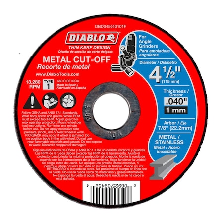 Diablo Abrasive Cut-Off Wheel, Type 1, 4-1/2 in Dia, 0.04 in Thick, Aluminum Oxide DBD045040125F