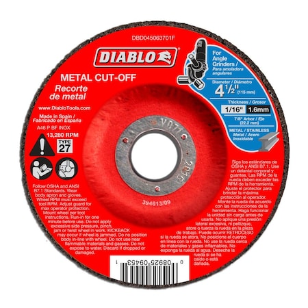 Diablo Abrasive Cut-Off Wheel, Type 27, 4-1/2 in Dia, 1/16 in Thick, Aluminum Oxide DBD045063710F