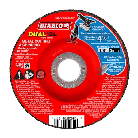 Diablo Metal Duo Cut/Grind Disc, 1/8 in T, Type 27, 4-1/2 in Dia, 1/8 in Thick, Aluminum Oxide DBD045125X01F