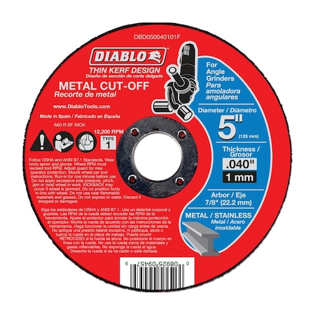 Diablo Abrasive Cut-Off Wheel, Type 1, 5 in Dia, 0.04 in Thick, Aluminum Oxide DBD050040110F