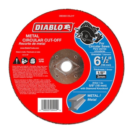 Diablo Abrasive Cut-Off Wheel, 6-1/2 in Dia, 1/8 in Thick, Aluminum Oxide DBD065125L01F