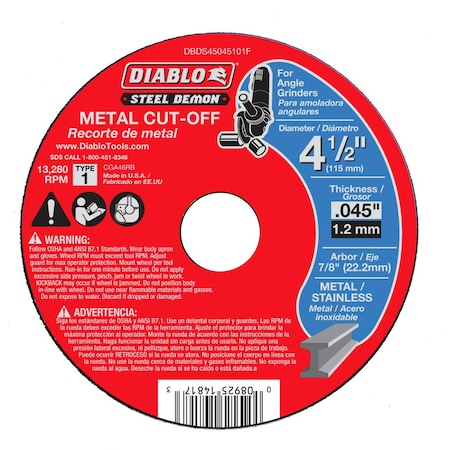 Diablo Abrasive Cut-Off Wheel, Type 1, 4-1/2 in Dia, 0.045 in Thick, Ceramic DBDS45045101F