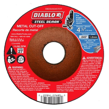 Diablo Abrasive Cut-Off Wheel, Type 27, 4-1/2 in Dia, 0.045 in Thick, Ceramic DBDS45045701F