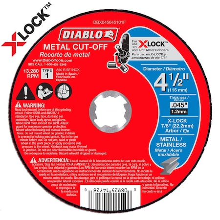 Diablo Thin Kerf Metal Cut-Off Disc for X-Lock, TYpe 1, 4-1/2 in Dia, 0.045 in Thick, Aluminum Oxide DBX045045101F