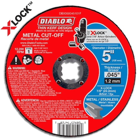 Diablo Thin Kerf Metal Cut-Off Disc for X-Lock, 5 in Dia, 0.045 in Thick, Aluminum Oxide DBX050045101F