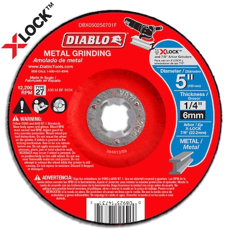 Diablo Type 27 Metal Grinding Disc for X-Lock a, Type 27, 5 in Dia, 1/4" Thick, Aluminum Oxide DBX050250701F