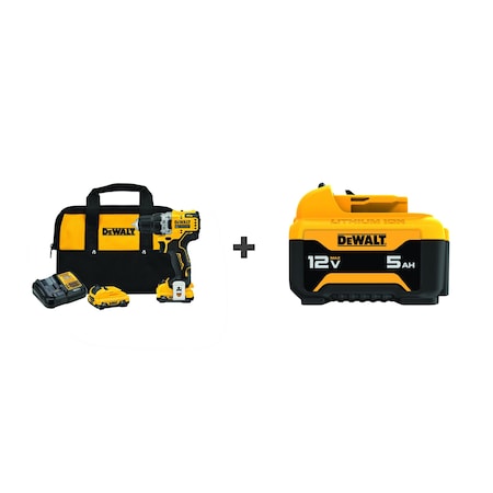 Dewalt Drill, Cordless, 1,500 RPM, 12V DC DCD701F2 / DCB126