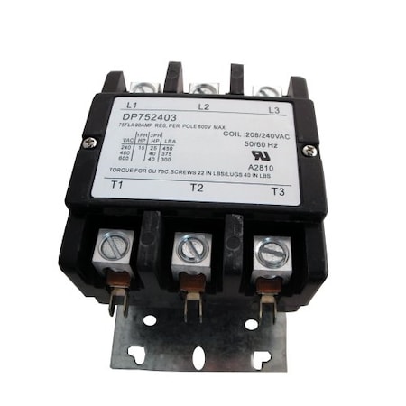 Supco Contactor, 75A, 240V, 3 Pole DP752403