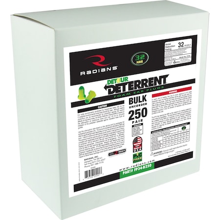 Radians Disposable foam Ear Plugs, Contoured-T Shape, 32 dB, Green/Yellow, 1 PR FP34-B250