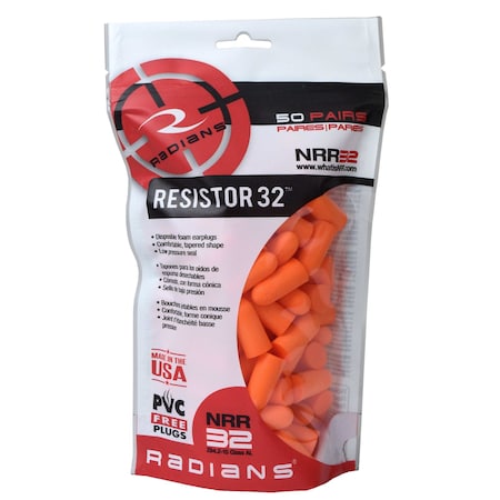 Radians Disposable Foam Ear Plugs, Bullet Shape, 32 dB, Orange FP70BG50