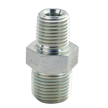 Bva Hydraulics FITTING HEX NIPPLE 1/4"-18 NPTF MALE X 3/8"-18 NPTF MALE 10000PSI FT124