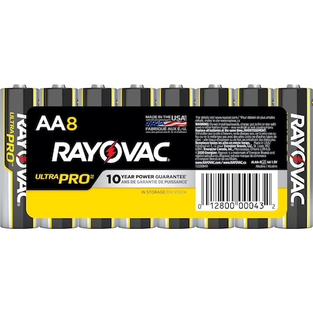 Rayovac UltraPro AA Alkaline Battery, 1.5V DC, PK8 ALAA8
