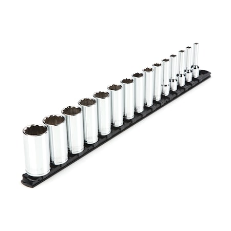 Tekton 3/8 Inch Drive Deep 12-Point Socket Set with Rail, 15-Piece (1/4-1 in.) SHD91115
