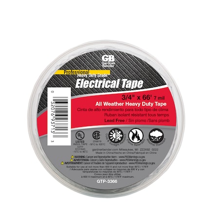 Gardner Bender Electrical Tape, 3/4 in. x 66 Ft, Heavy GTP-3366