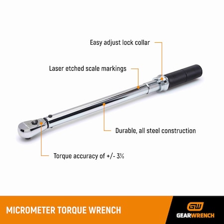 Gearwrench 3/8" Drive Micrometer Torque Wrench 30-250 in/lbs. 85061M