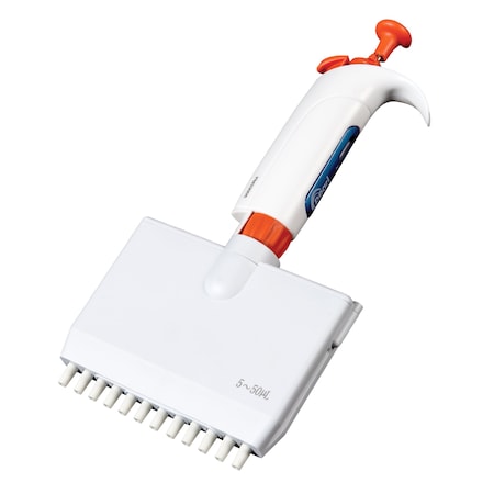 Heathrow Scientific Micro Pipette, 12 Chnnl, Wht/Orng, 5-50ul 120217