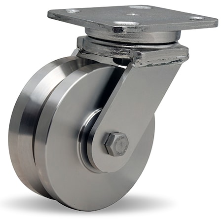 Hamilton Stainless Steel Workhorse Swivel Caster, 5" x 2" Stainless Steel V-Grooved Wheel, 3/4" Delrin Bearing S-WHS-5SVZ