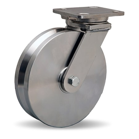 Hamilton Stainless Steel Workhorse Swivel Caster, 8" x 2" Stainless Steel V-Grooved Wheel, 3/4" Delrin Bearing S-WHS-8SVZ