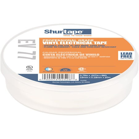 Shurtape Electrical Tape, White, 3/4"X66Ft EV 077C