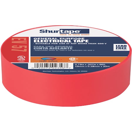 Shurtape Electrical Tape, Red, 3/4"X66Ft 200784