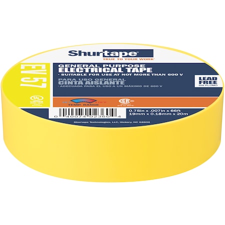 Shurtape Electrical Tape, Yellow, 3/4"X66Ft 200788