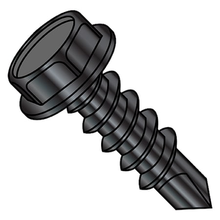Zoro Select Self-Drilling Screw, #8-18 x 3/4 in, Black Oxide 410 Stainless Steel Flange Hex Head 5000 PK 0812KW410B